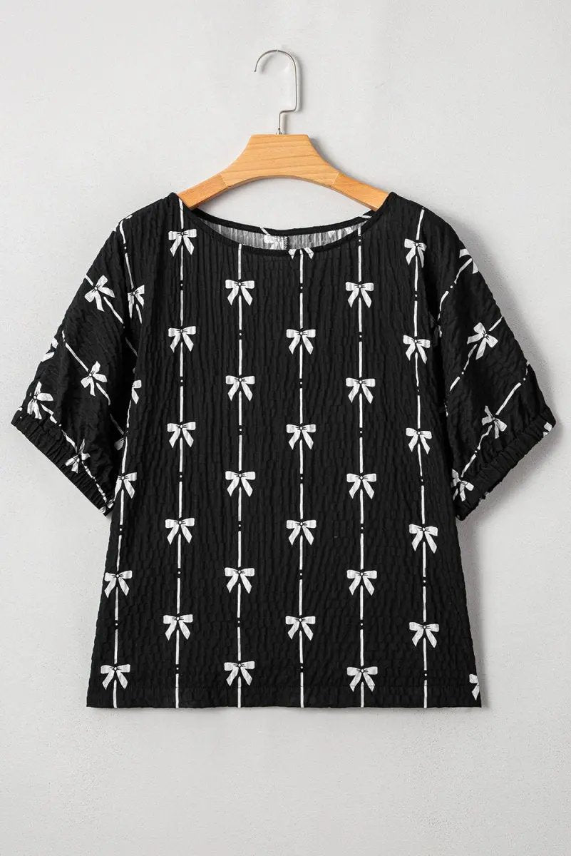 Black Bow Print Puff Short Sleeve Top for Trendy Style - Love Salve